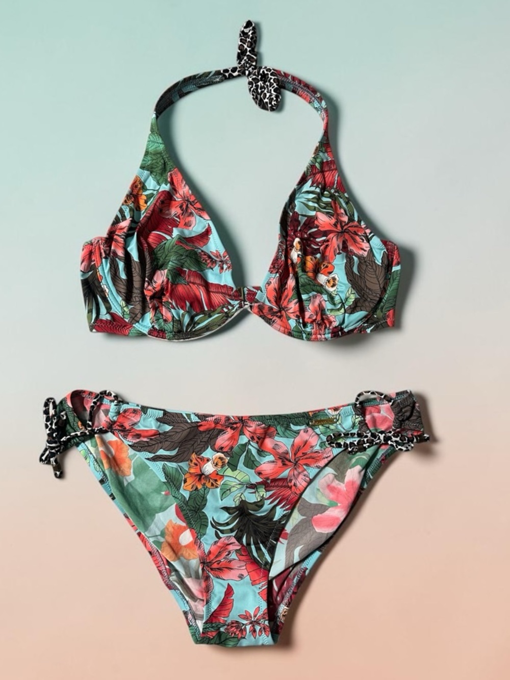 Bruno Banani Not For Everybody Floral Halter Bikini Set - Aqua & Coral Large